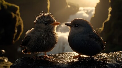 Icelandic birds face waterfall sunset