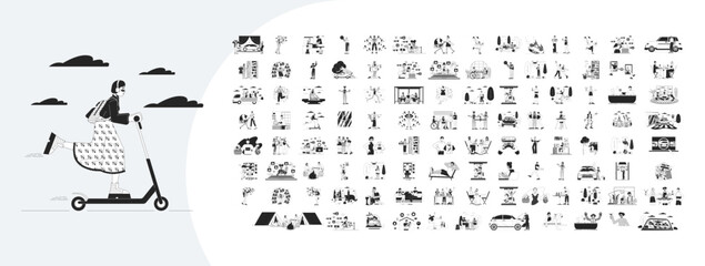 Lifestyle cartoon outline illustrations mega bundle. People and objects in various situations 2D linear images isolated. Adults spending time on hobby collection black and white vector drawings