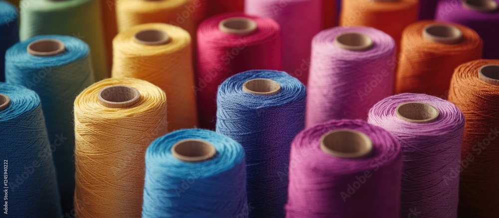 Poster vibrant close-up of colorful yarn spools for weaving displaying various shades and textures suitable