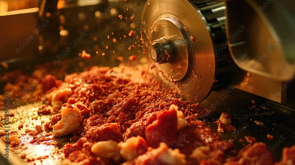Poster Meat being processed through a high-tech industrial grinder, demonstrating the efficiency and scale of meat production in a factory setting.