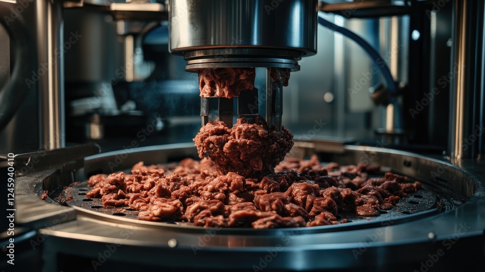 Poster Meat being processed through a high-tech industrial grinder, demonstrating the efficiency and scale of meat production in a factory setting.