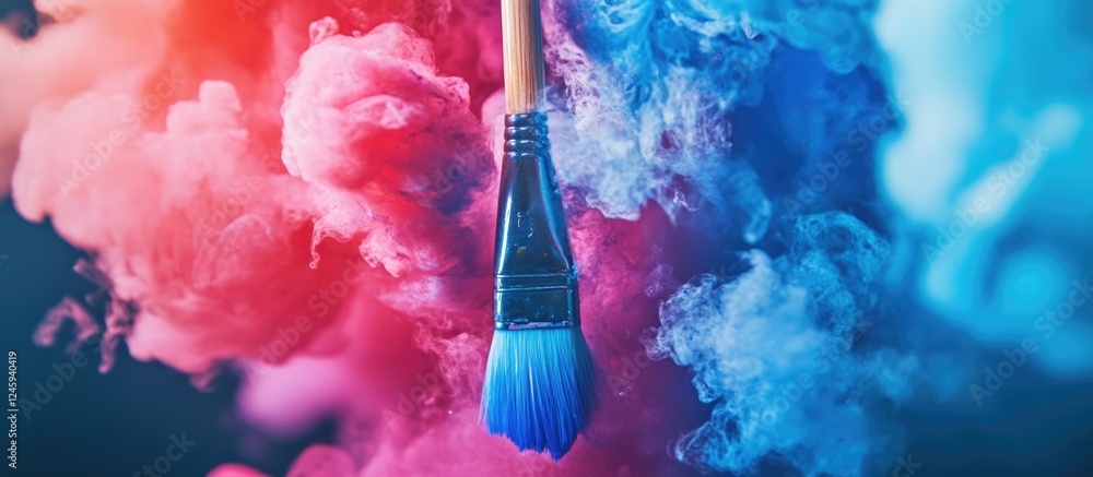 Poster Close up of a paintbrush with vibrant colorful smoke background ideal for creative projects and artistic expressions with text space.