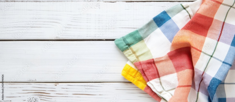 Poster colorful checkered napkin draped on rustic white wooden table creating a vibrant kitchen or dining a