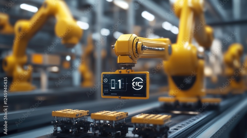 Poster Machines on a factory floor connected via a 5G network, each labeled with digital identifiers, demonstrating the power of synchronized industrial processes.