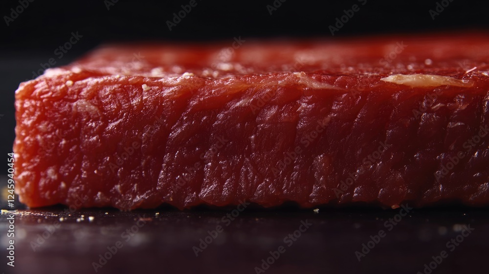 Aufkleber close up of a raw red beef cut on a dark background with ample space for text highlighting culinary 