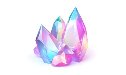 Iridescent crystals cluster, studio shot, white background, magical gemstone, fantasy illustration