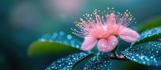 Close-up of Mimosa pudica flower with droplets on leaves showcasing delicate pink petals and intricate stamen in a lush green background.