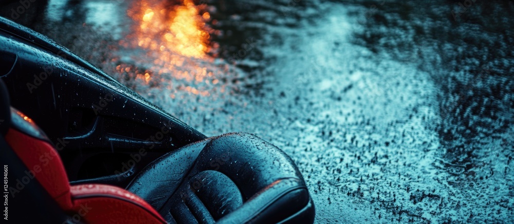 Poster car seat on a wet road with reflections and textured surface, providing ample space for text or bran