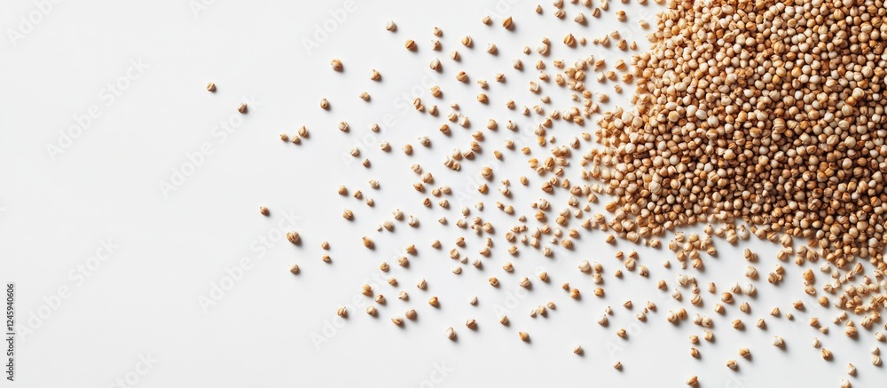 Poster buckwheat grains scattered on a white background showcasing their distinct texture and natural color