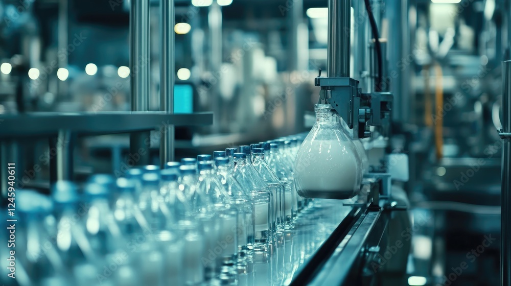 Aufkleber Milk bottles moving along a production line, filled and sealed, showcasing the efficiency of automated dairy processing in a modern factory.