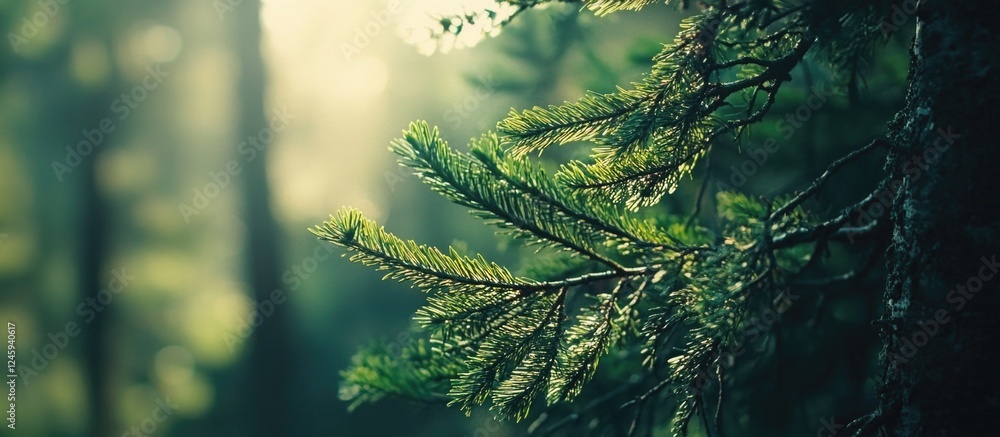 Aufkleber young spruce branches illuminated by soft light in a tranquil forest setting showcasing vibrant gree