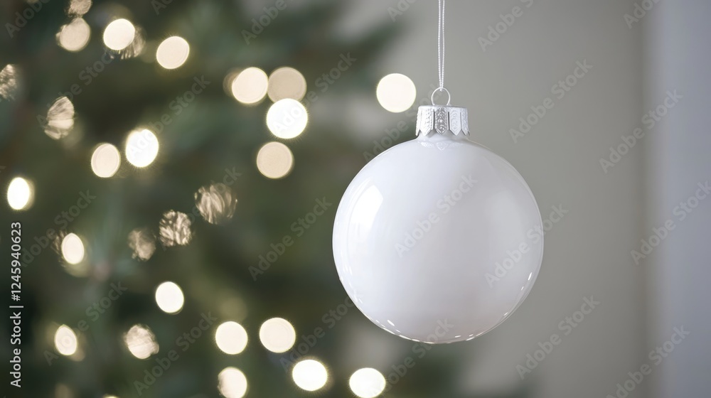 Poster christmas ornament hanging with blurred tree lights background and empty space for text to create a 