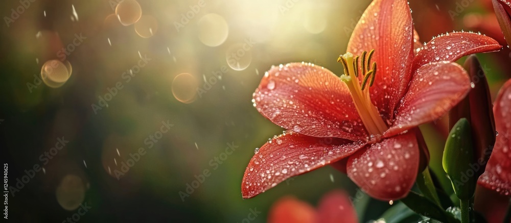 Poster close up of vibrant red flowers with rain droplets illuminated by soft evening light creating a sere