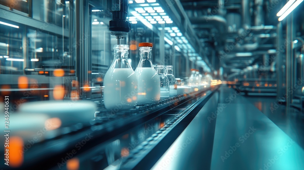 Poster Milk bottles moving along a production line, filled and sealed, showcasing the efficiency of automated dairy processing in a modern factory.