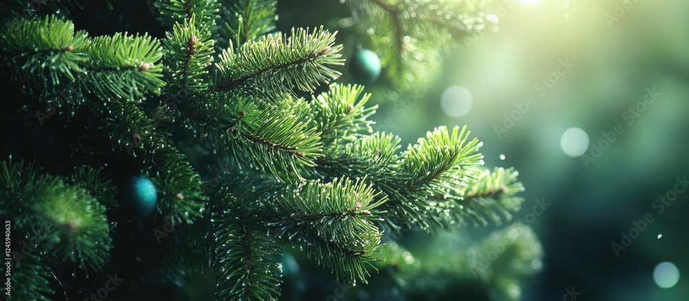 Poster christmas tree branches close-up on wooden surface with soft lighting and decorative elements for fe
