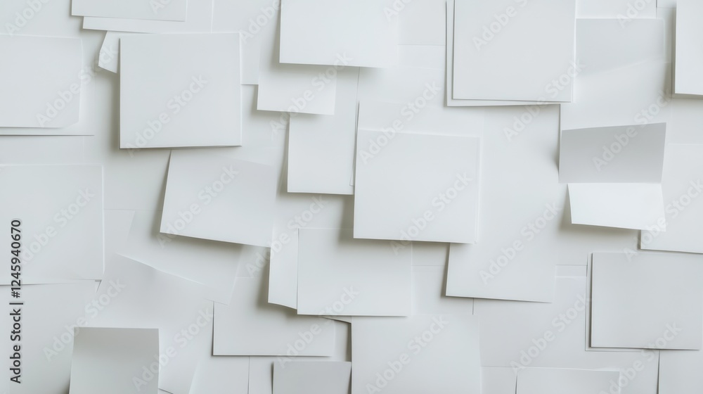 Poster close up of neatly arranged blank sticky notes on a white background with ample copy space for custo