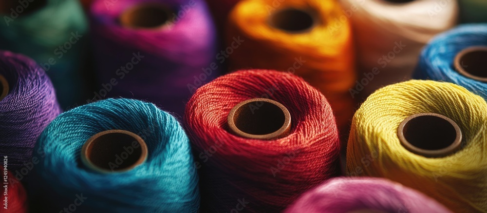 Poster vibrant spools of colorful yarn for weaving creating a textured background in crafting and textiles