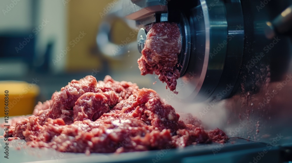 Aufkleber Meat being processed through a high-tech industrial grinder, demonstrating the efficiency and scale of meat production in a factory setting.