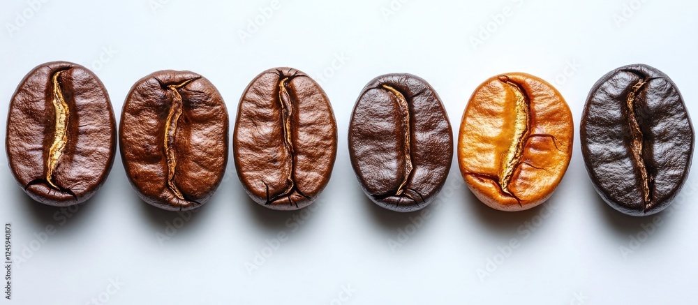 Poster coffee bean varieties displayed in a row highlighting their distinct colors and textures on a clean 