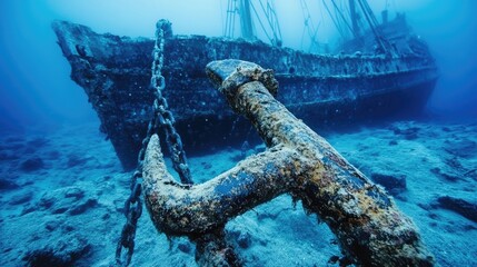 Naklejka premium Underwater shipwreck with anchor and chain, showcasing marine history and exploration