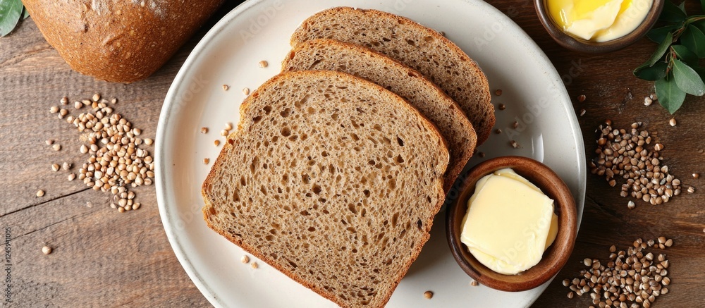 Poster buckwheat bread slices on a white plate with butter and grains arranged on a wooden surface top view