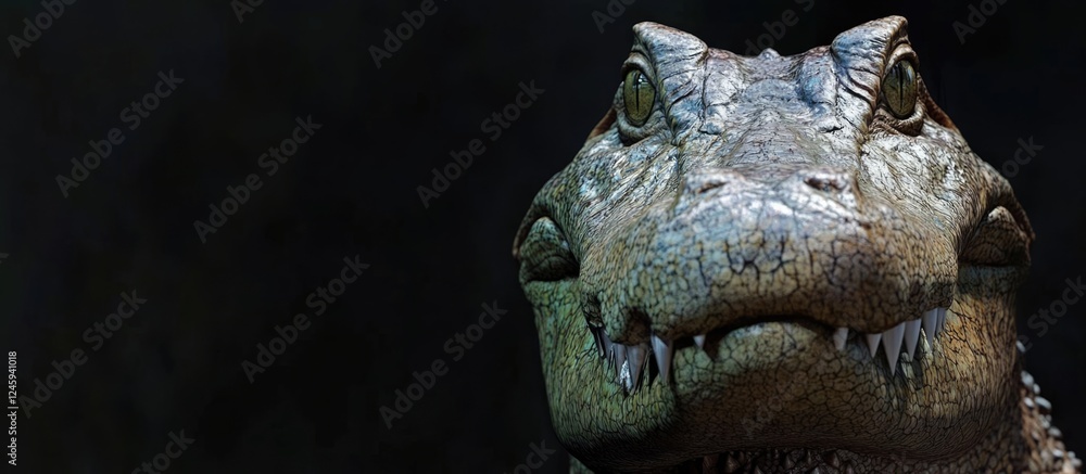Poster crocodile close-up with detailed textures against a dark background ideal for nature-themed projects