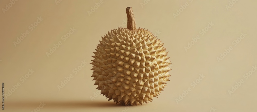 Poster Close up of a durian fruit on a neutral background showcasing its unique spiky texture and shape in a minimalist style.
