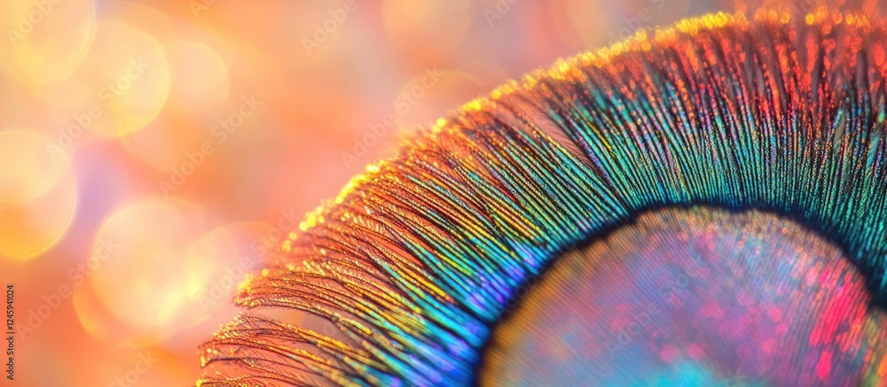 Poster close up of iridescent peacock tail feathers showcasing vibrant colors and intricate patterns with a