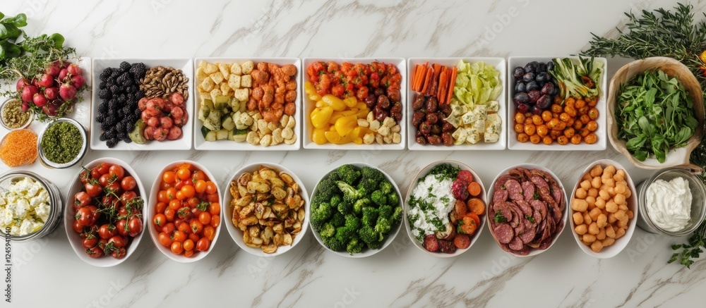 Poster Banquet Spread of Fresh Starters Salads and Snacks Arranged on Table with Empty Space for Text or Branding