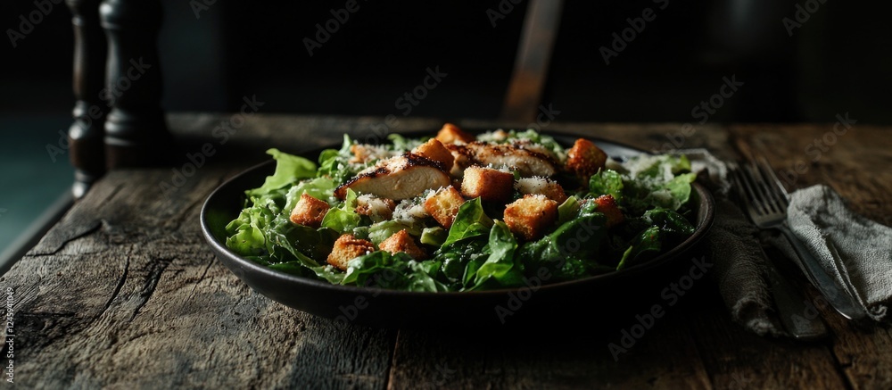 Poster chicken caesar salad served on a rustic wooden table with a fork ready for serving and space for add