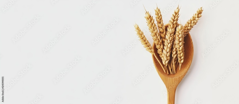 Aufkleber Wheat stalks in a wooden spoon on a light background with ample space for adding text or branding in food or agricultural contexts