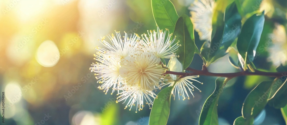 Poster close up of vibrant java apple flower syzygium on tree with soft sunlight creating a beautiful bokeh