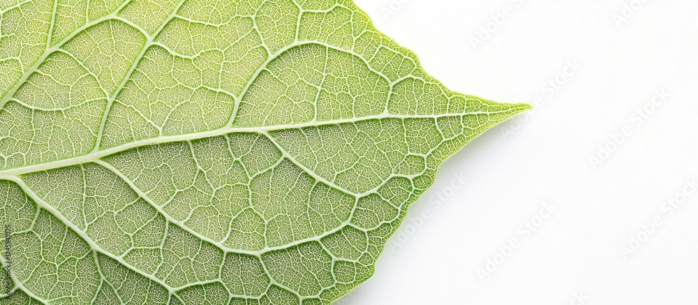 Poster detailed close-up of a green leaf isolated on white background showcasing intricate texture for natu