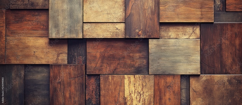 Poster Geometric abstract background of varied brown wooden rectangles showcasing texture and depth for design and presentation use.