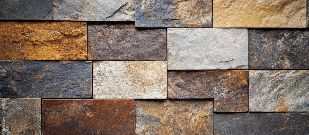 Poster textured wall of multicolored slate bricks showcasing natural variations in hue and pattern for arch