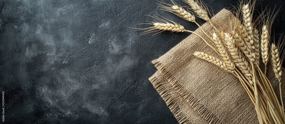 Poster Burlap napkin with wheat ears on dark textured background offering ample copyspace for rustic or agricultural themed designs