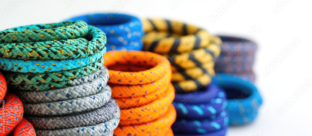 Poster colorful coiled ropes stacked on a white background showcasing diverse textures and patterns for use