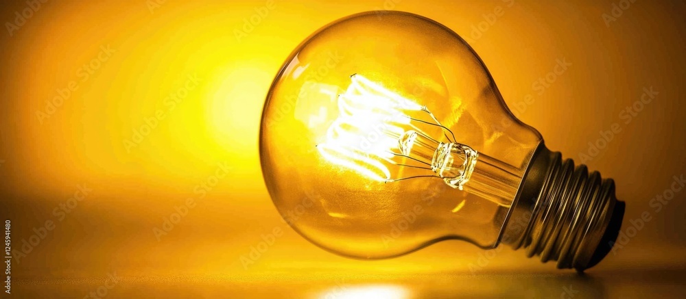 Poster closeup of a warm glowing incandescent light bulb creating a cozy atmosphere with a soft yellow hue 