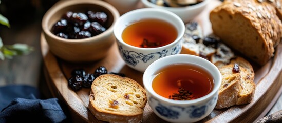 Fototapeta premium Traditional Chinese tea scene featuring green tea, healthy cereal bread, and prunes elegantly arranged for a serene tea ceremony experience.