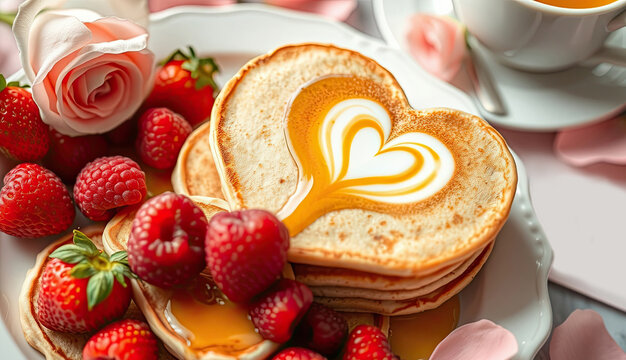 Valentine's day pancakes. Healthy food composition.