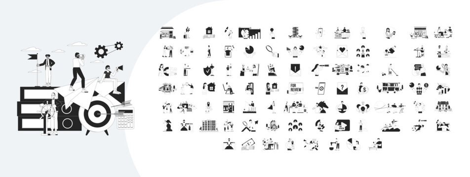 Business cartoon outline illustrations mega bundle. Teamwork for corporate success 2D linear images isolated. Multiethnic businesspeople collaboration collection black and white vector drawings