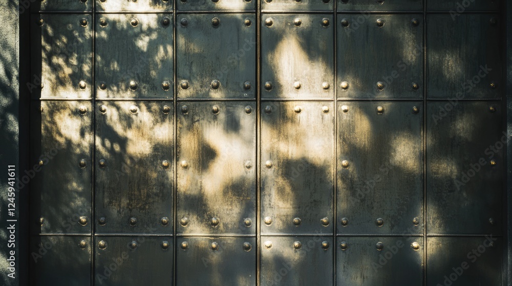 Poster textured metal door surface capturing light and shadow patterns with ample empty space for creative 