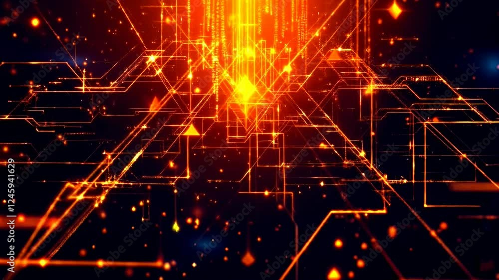 Aufkleber futuristic neon geometric patterns with dynamic orange glowing lines and particles