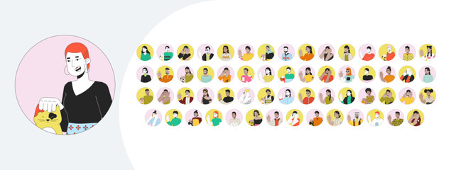 Fototapeta premium Avatars in circles cartoon flat illustrations mega bundle. Positive young people with cats and leisure 2D images isolated on white. Social media users collection vector drawings colorful