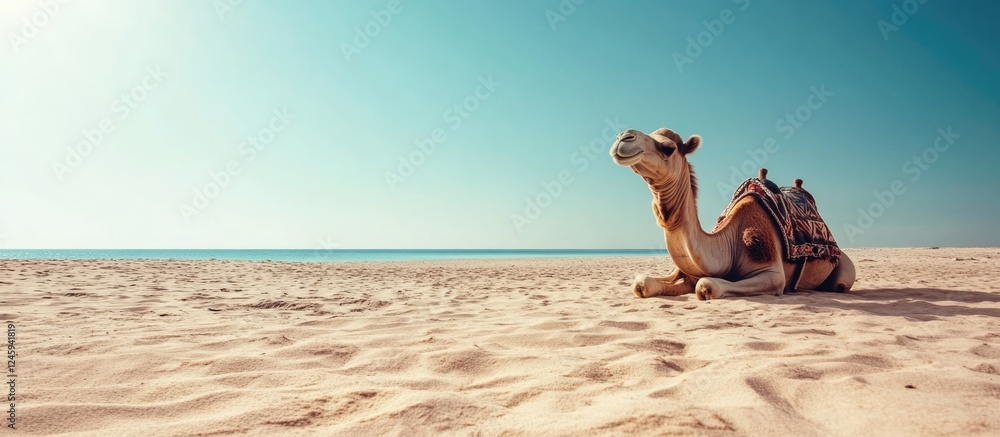 Leinwandbilder camel on sandy beach under clear sky with ocean view perfect for summer travel concept featuring emp