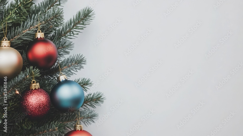 Aufkleber christmas tree with colorful ornaments and blank space for customizable holiday text or message on a