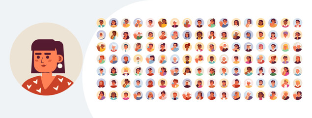 Round avatars cartoon flat illustrations mega bundle. Users of different age and ethnicity 2D images isolated on white. Web page and online chat profiles collection vector drawings colorful