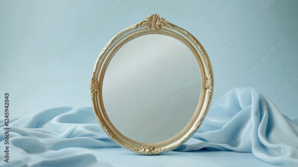 Aufkleber elegant round vintage glass frame mockup with empty space for custom text on soft blue fabric backgr