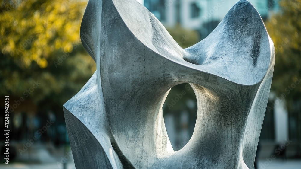 Poster modern abstract sculpture in public square with blurred background and ample empty space for text or