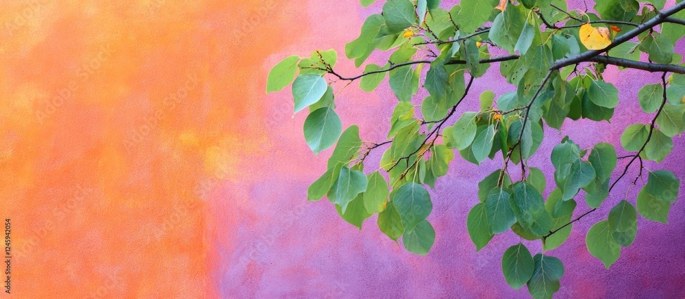 Poster birch branches with lush green leaves contrasting against a vibrant violet and orange wall creating 